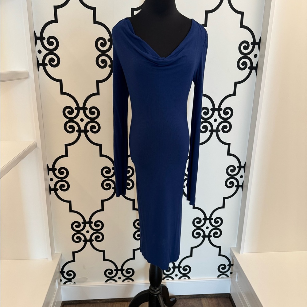 Long sleeved swoop neck dress.